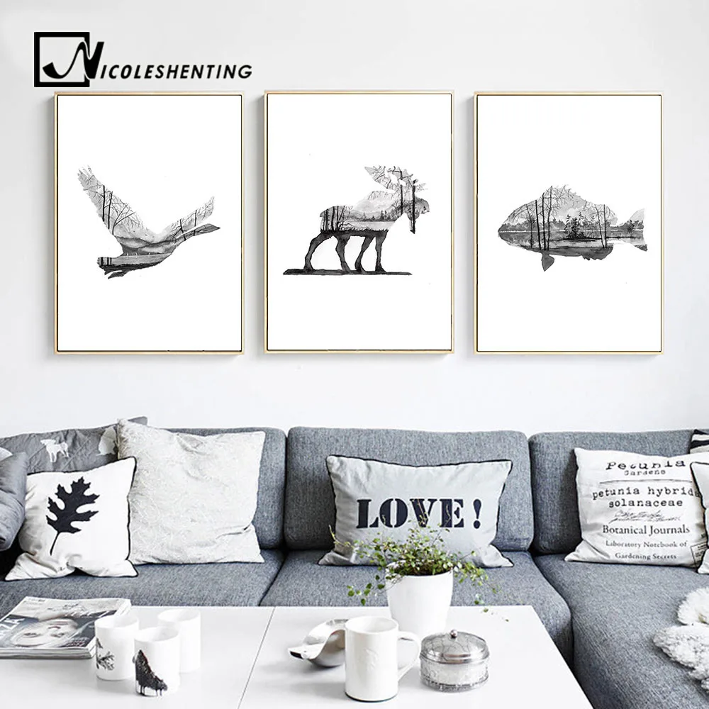 

Nordic Art Deer Bird Silhouette Posters Wall Art Canvas Prints Animal Abstract Painting Wall Pictures for Living Room Home Decor