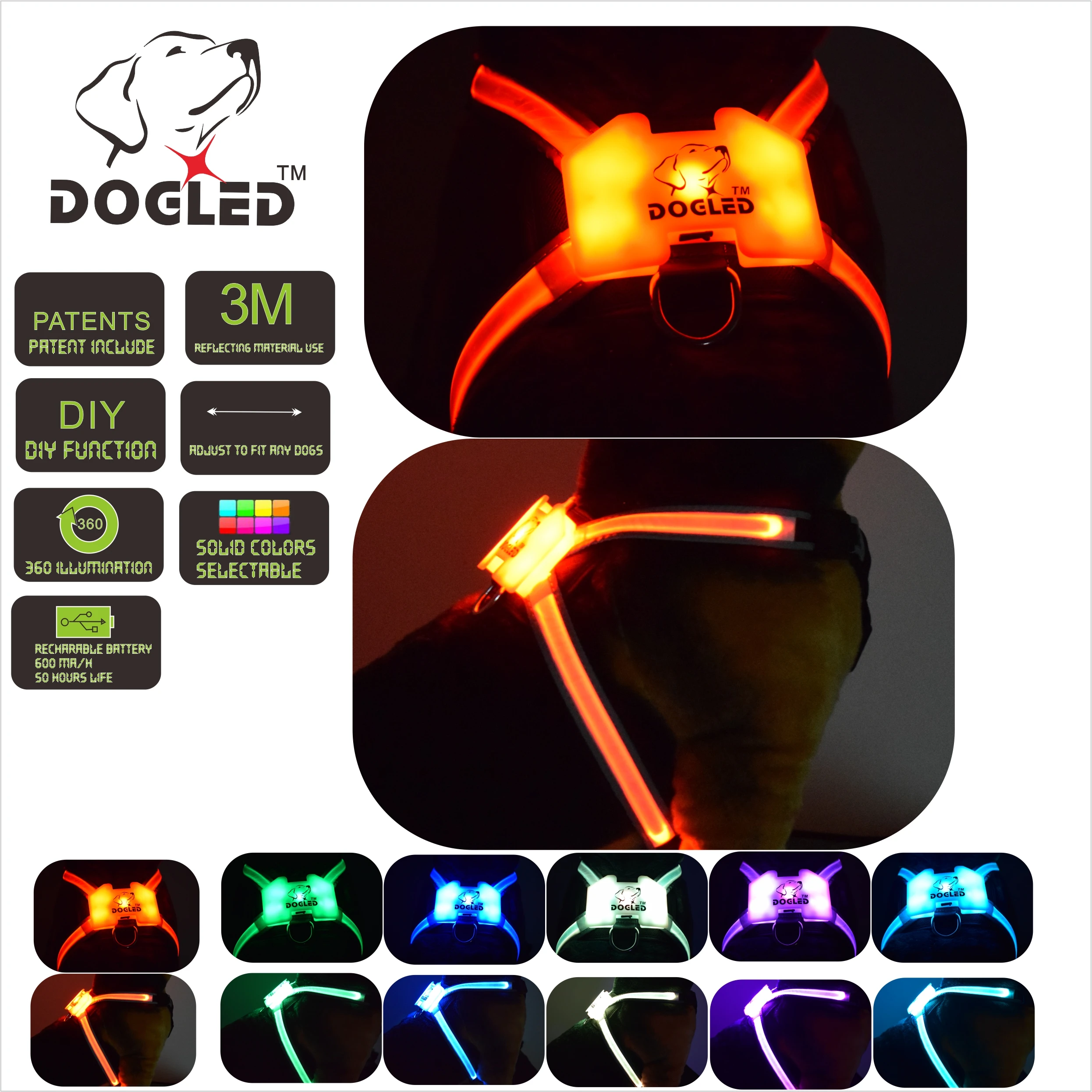 

led dog harness multicolor 7 in 1 USB recharable multi function dog harness rainroof DIY dogharness large size