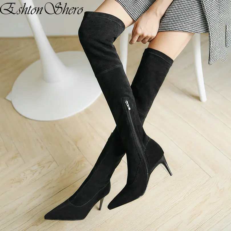 

EshtonShero Shoes Woman Over The Knee Boots Elastic Band High Heels Pointed Toe Women Platform Ladies Motorcycle Boot Size 34-43