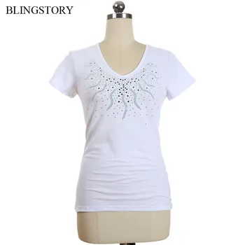 

BLINGSTORY Fashion V Neck T Shirt Women Beading Tshirt Feminina Big Size Diamond Causal Tops XXXXXL LP5209041