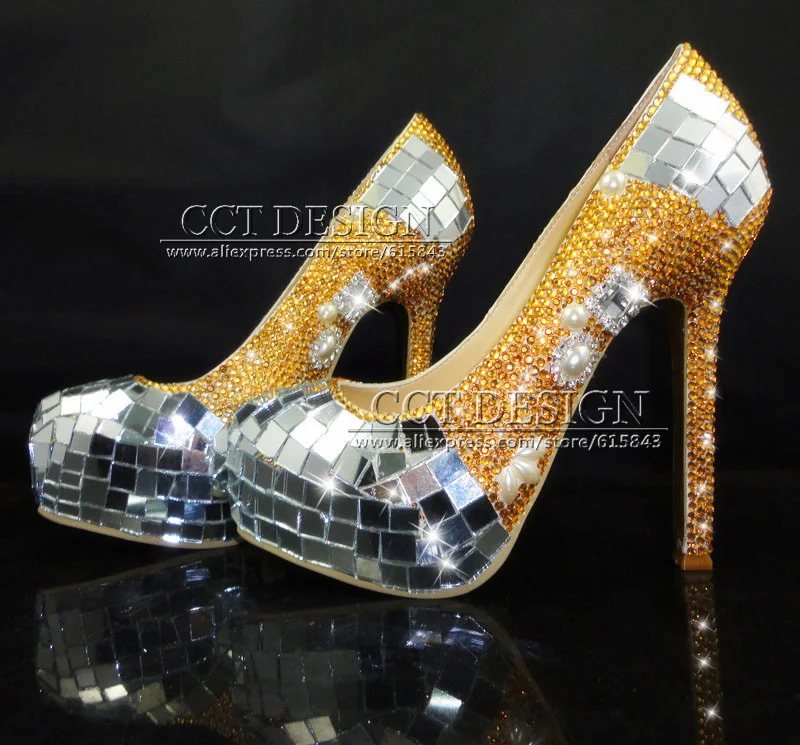 luxury handmade women ultra high heels silver mirror and gold