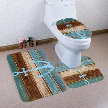 

3Pcs/set Coral Velvet Toliet Seat Cover Blue Anchors Boat Deck Zakka Style Cover Pad Cushion Mats For Bathroom