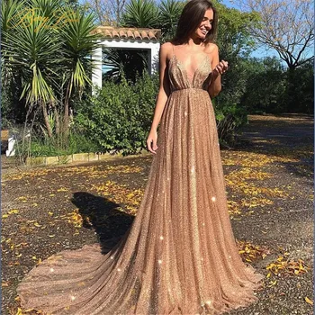 

BeryLove Gold Champagne Long Glitter Evening Dress 2019 Formal Party Gown Sexy V Neck Prom Open Back Spaghetti Straps Long Dress