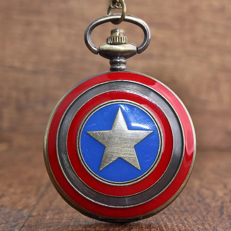 

Vintage Captain American Copper Pocket Watch Retro Marvel Comics Star Shield Fob Watch With Chain Pendant Children Gift