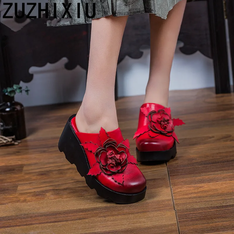 

ZUZHIXIU-Summer new style women's real leather slippers, Baotou muffins thick bottomed high heel round head cowhide cool slipper