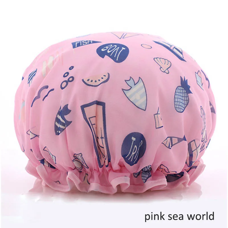 Толстая 1 шт. водонепроницаемая шапочка для ванной, двойной слой, покрытие для волос для душа, женские принадлежности, шапочки для душа, аксессуары для ванной комнаты - Цвет: pink sea world
