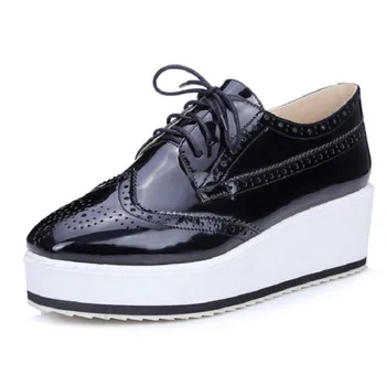 

Womens Wedges High Heel Vogue Shoes Round Toe Patent Leather White Platform Oxfords Lace Up Derby Shoes Size 26-65 Brogue Shoes