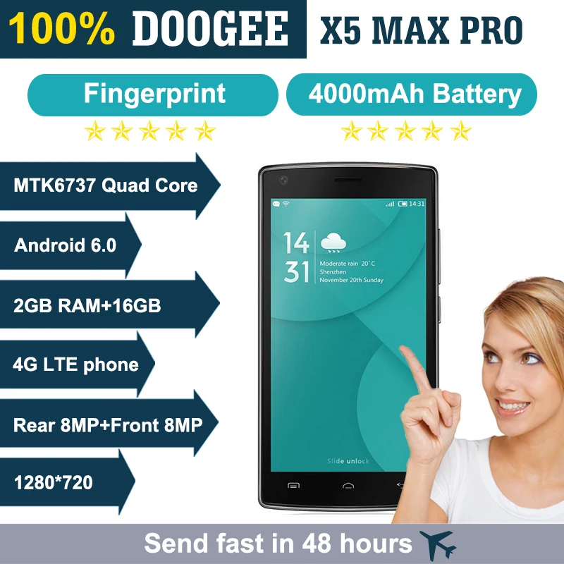 Doogee X5 Max Pro смартфон отпечатков пальцев 5.0 &quotHD Android 6.0 MTK6737 4 ядра 1280*720 2 ГБ + 16 8MP 4000