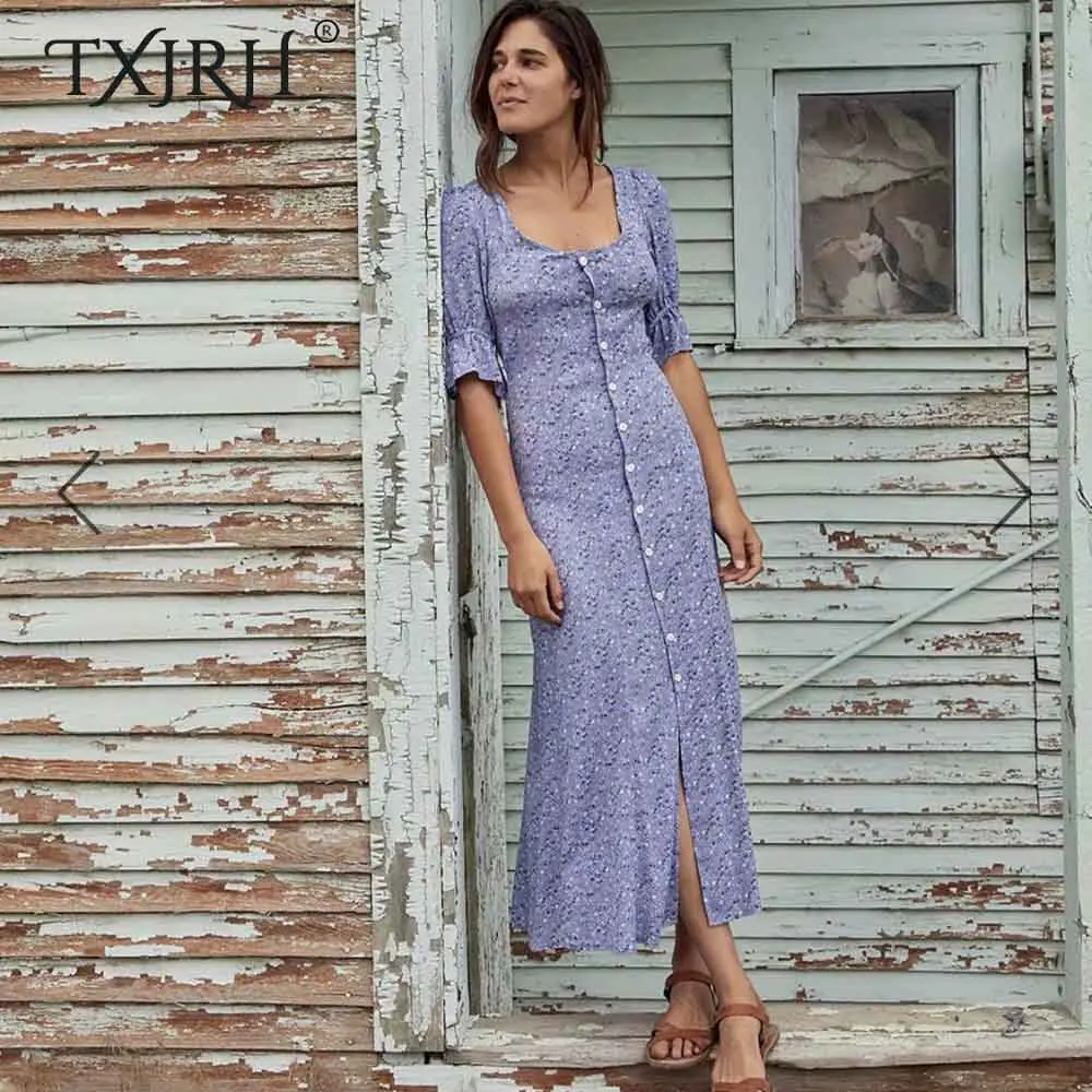 

TXJRH 2019 Sweet Square Collar Lavender Floral Print Purple Women Short Puff Sleeve Sashes Tied Bow Single-Breasted Long Dress