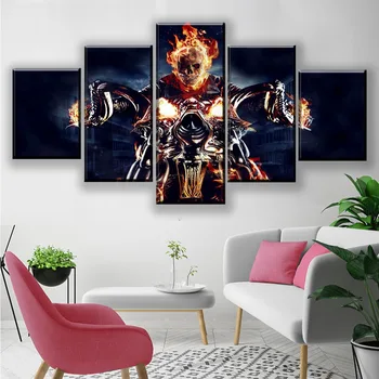 

Canvas Painting Wall Art Skull And Motorcycle Poster 5 Panel Comics Ghost Rider Modern Pictures For Living Room Home Decorative