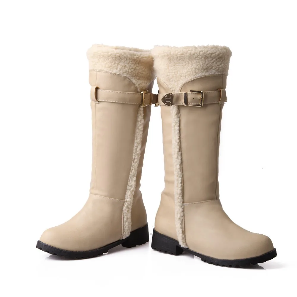 Г. модные зимние женские сапоги теплые плюшевые сапоги с круглым носком на низком каблуке сапоги до колена без застежки с украшением в виде пряжки размер 34-43