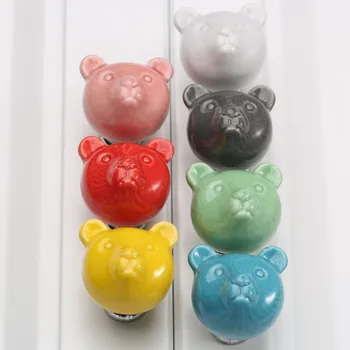 1Pc Colorful Ceramic Bear Knobs Drawer Knobs for Children Dresser Cabinet Knobs Blue Red Pink Kitchen Cupboard Handle Home Decor