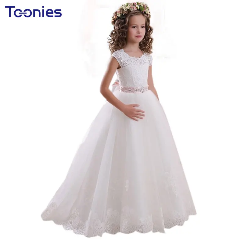 

Lace Flower Girls Dresses Trailing Embroidered Wedding Formal Girl Dress Birthday Evening Party Princess Ball Gown Kids Vestidos