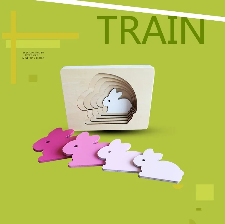 

baby educational toy multi-layer wooden puzzle in gradient color for learn color and size in animal design rabbit whale bird