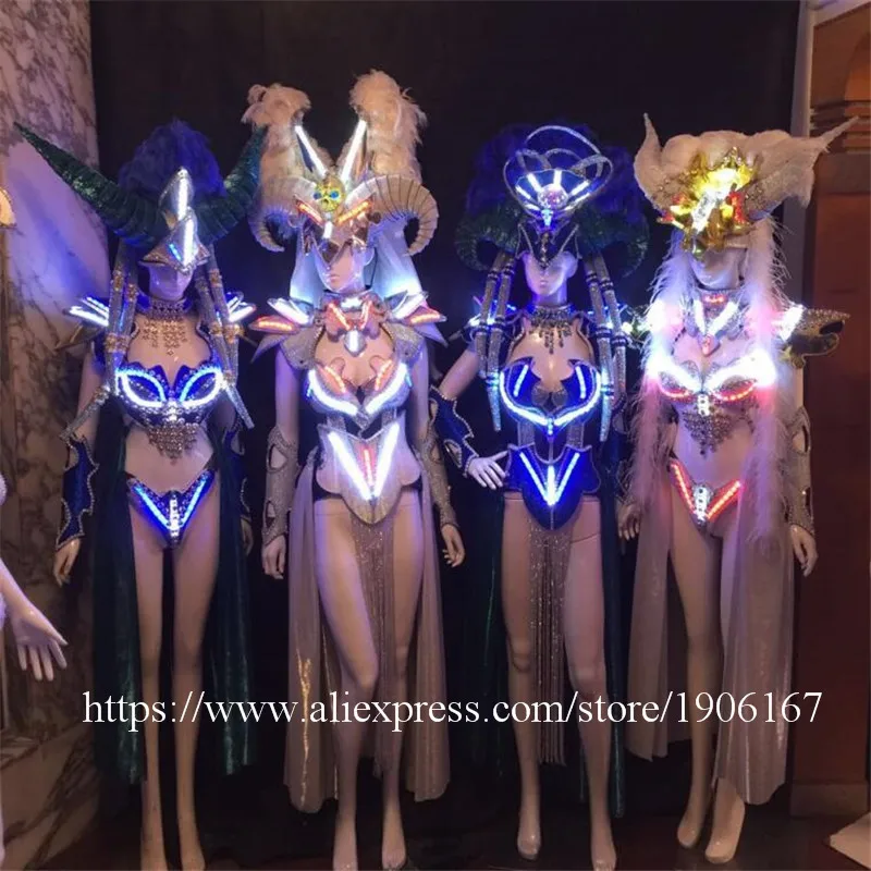 

Led Luminous Ballroom Women Costume Sexy Lady Catwalk Show Evening Dress Dancing Nightclub Party Stage Clothing With Headwear