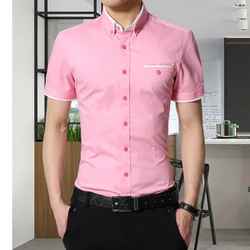 Новинка, летняя мужская деловая рубашка с отложным воротником, повседневные рубашки с коротким рукавом, мужские официальные рубашки, мужские Рубашки 4XL 5XL - Цвет: pink