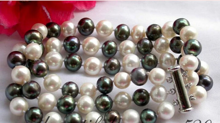 

shipping z2171 3row 8" 9mm white black fw pearl bracelet magnet 5.25
