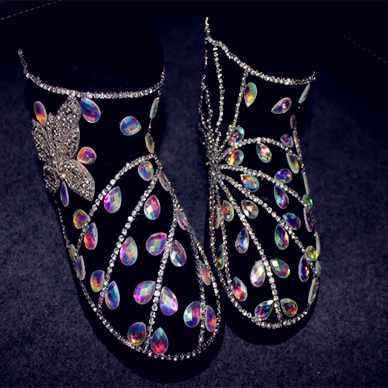 

The new 2015 bootsColorful winter handmade rhinestone chain genuine leather platform butterfly boots flat heel
