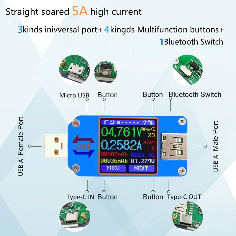 RD UM25 UM25C USB 2,0 tipo-C lcd voltimetro amperimetro metro del voltaje de corriente de carga de la bateria cable, comprobador