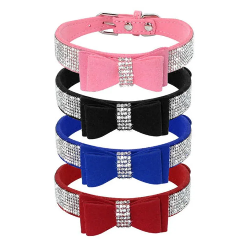 

US Rhinestone Dog Collar and Leash Soft Suede Bow for Doggie Puppy Cat Small Pet