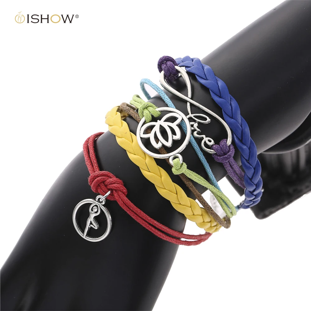 Fashion 7 Chakra Yoga Bracelets Lenther Handmade Adjustable Love lotus Pendant Bracelet Men
