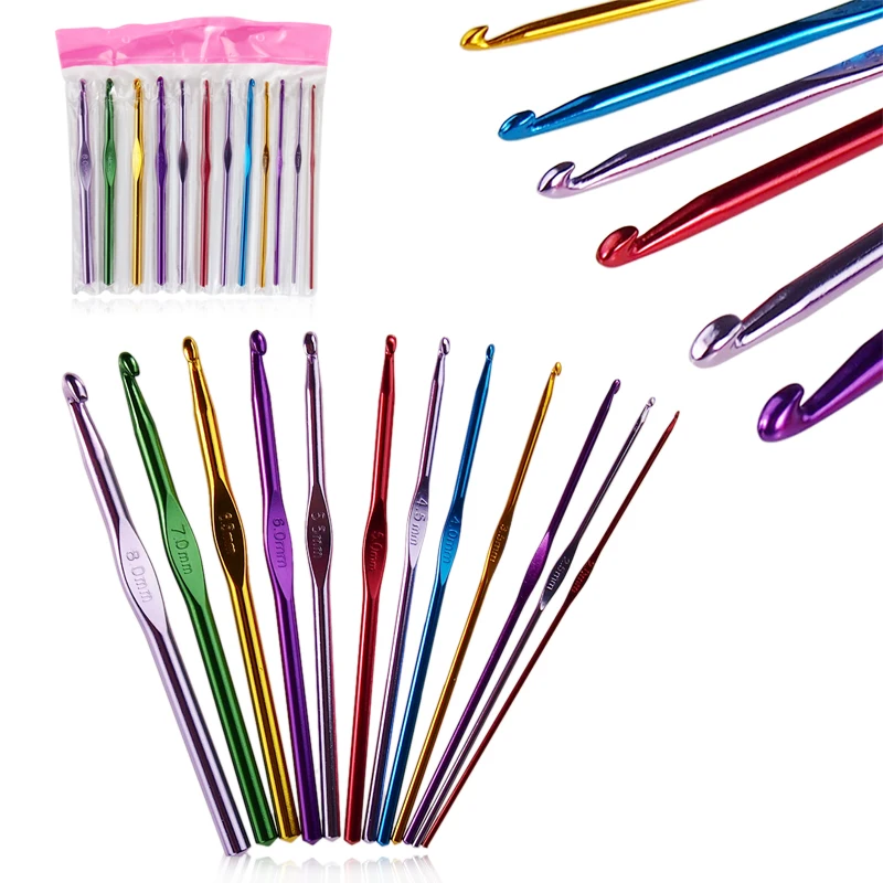 12Pcs Metal Handle Crochet Hook Knitting Needles Set Aluminum Bamboo