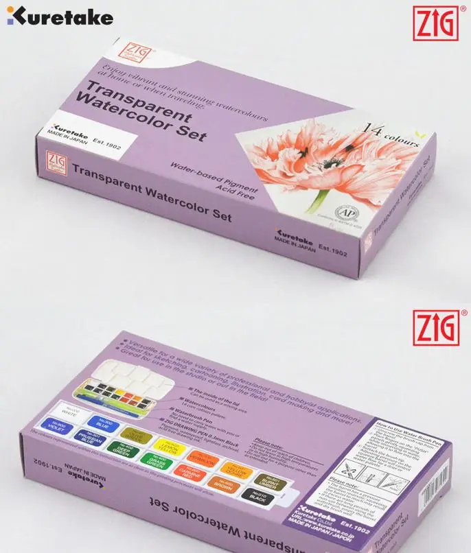 ZIG Kuretake Transparent Watercolor Paints Set 14 Colors with Water Brush Japan