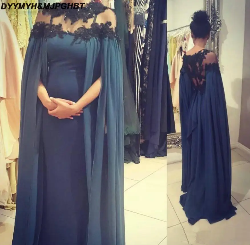 African Long Sleeves Evening Gowns With Wraps Sheer Neckline Chiffon Sheath Prom Dress Long Sexy Back Dubai Froaml Party Dress Vestido_