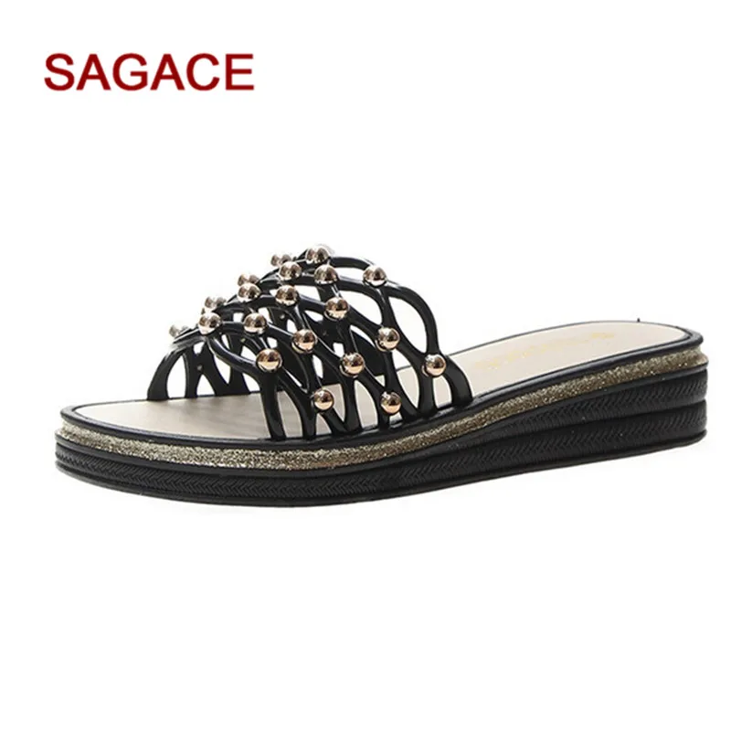 

SAGACE Fashion Slip-On Slippers Mesh Rivets Hollow Skid Wedges Slippers Shoes Summer Beach Feminina Mujer dropship 2019