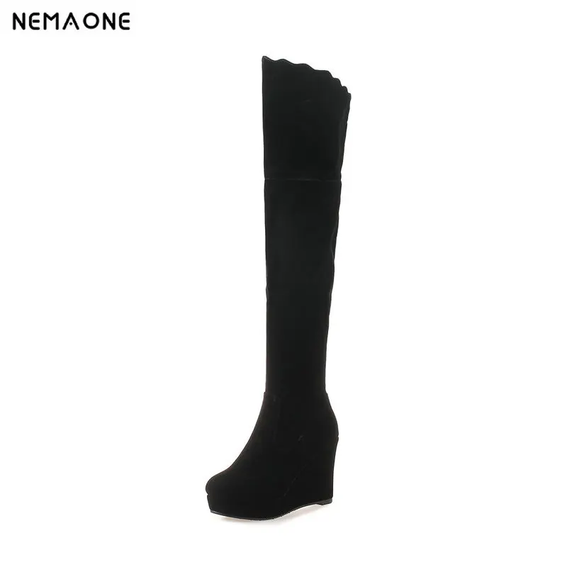 

NEMAONE Women wedges high heels knee high Boots autumn Winter warm Ladies boots black beige dress shoes woman large size 42 43