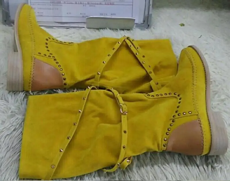 Women-Rivets-Studded-Belt-Flats-Knee-High-Boots-Yellow-Suede-Leather-Autumn-Ridding-Boots-Round-Toe (2)
