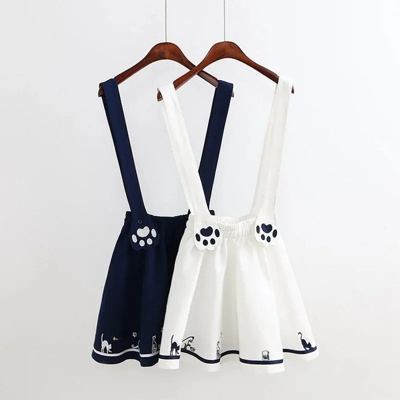 

New Embroidery Cat Skirts with Strap Women High Waist Pleated Sexy Mini Skirt Casual Schoolgirls Uniform Slim Cosplay Skirts