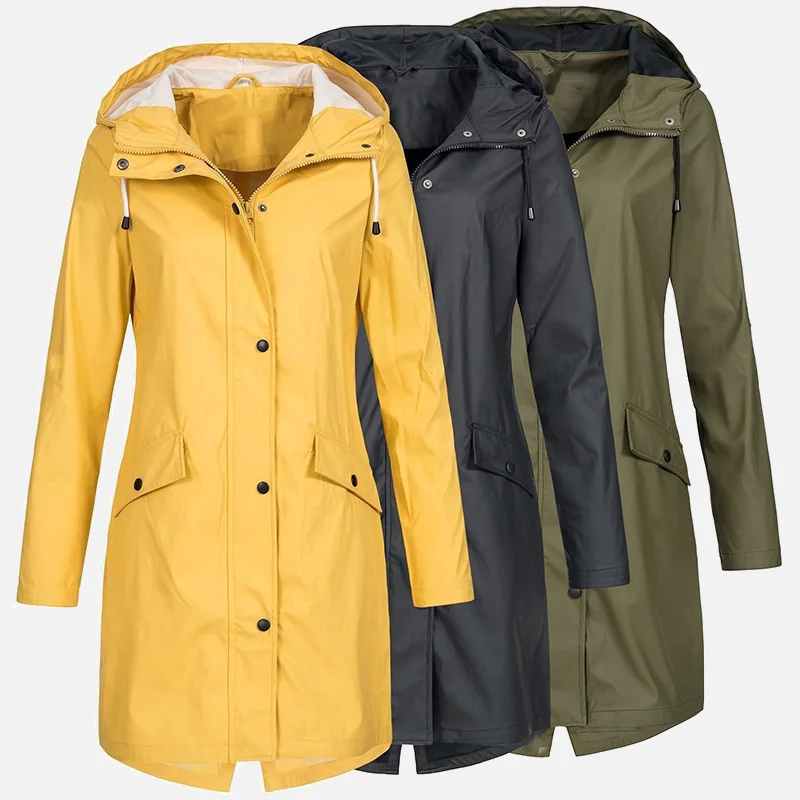 

Hooded Sporting Women's Maxi Windbreaker Plus Size Waterpproof Long Sleeve Women Outerwear Autumn 2019 Slim Yellow Female Coat