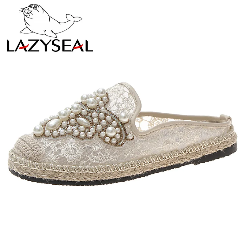 LazySeal/летние женские лоферы с круглым носком; Espadrilles; обувь из сетчатого материала с перламутровым верхом и кружевом; удобная женская обувь из пеньки; слипоны; zapato mujer - Цвет: Beige (Slippers)
