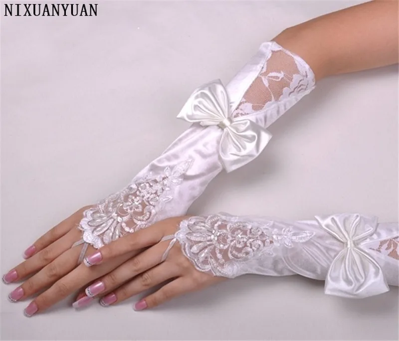 Новое поступление белый и слоновая кость кружева свадебные женские перчатки 2019 вышито бисером с блестками без пальцев высококачественные