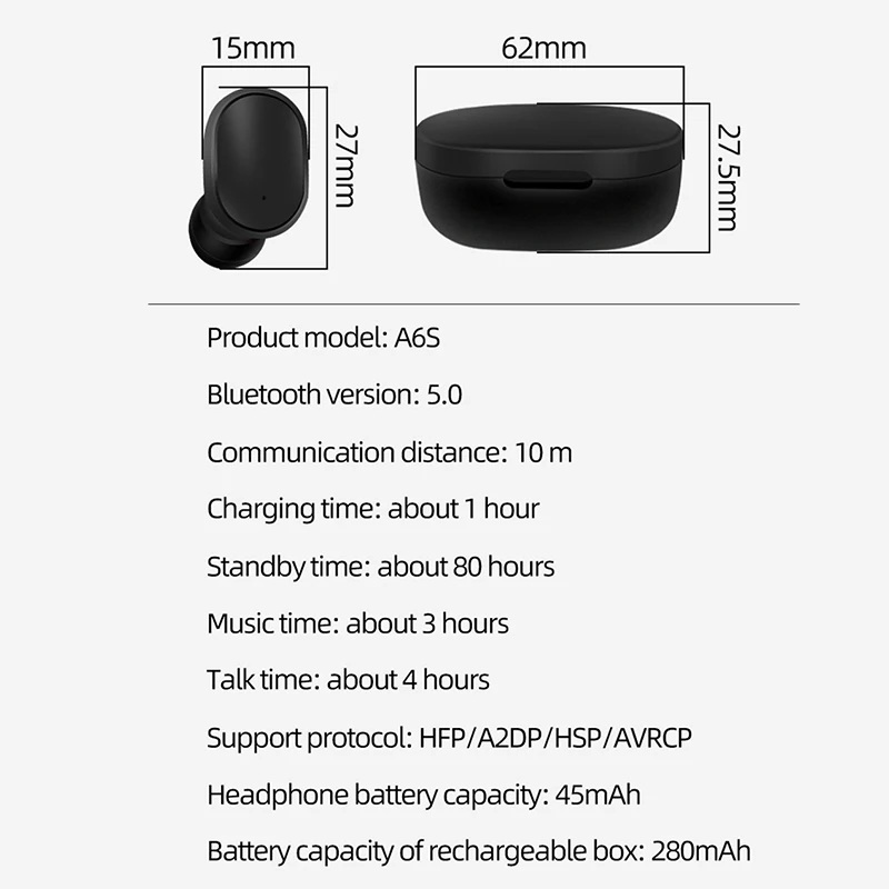 A6S TWS Bluetooth 5 0 Headsets For Redmi Airdots Wireless Earbuds Earphone Noise Cancelling Mic for Xiaomi iPhone Huawei Samsung