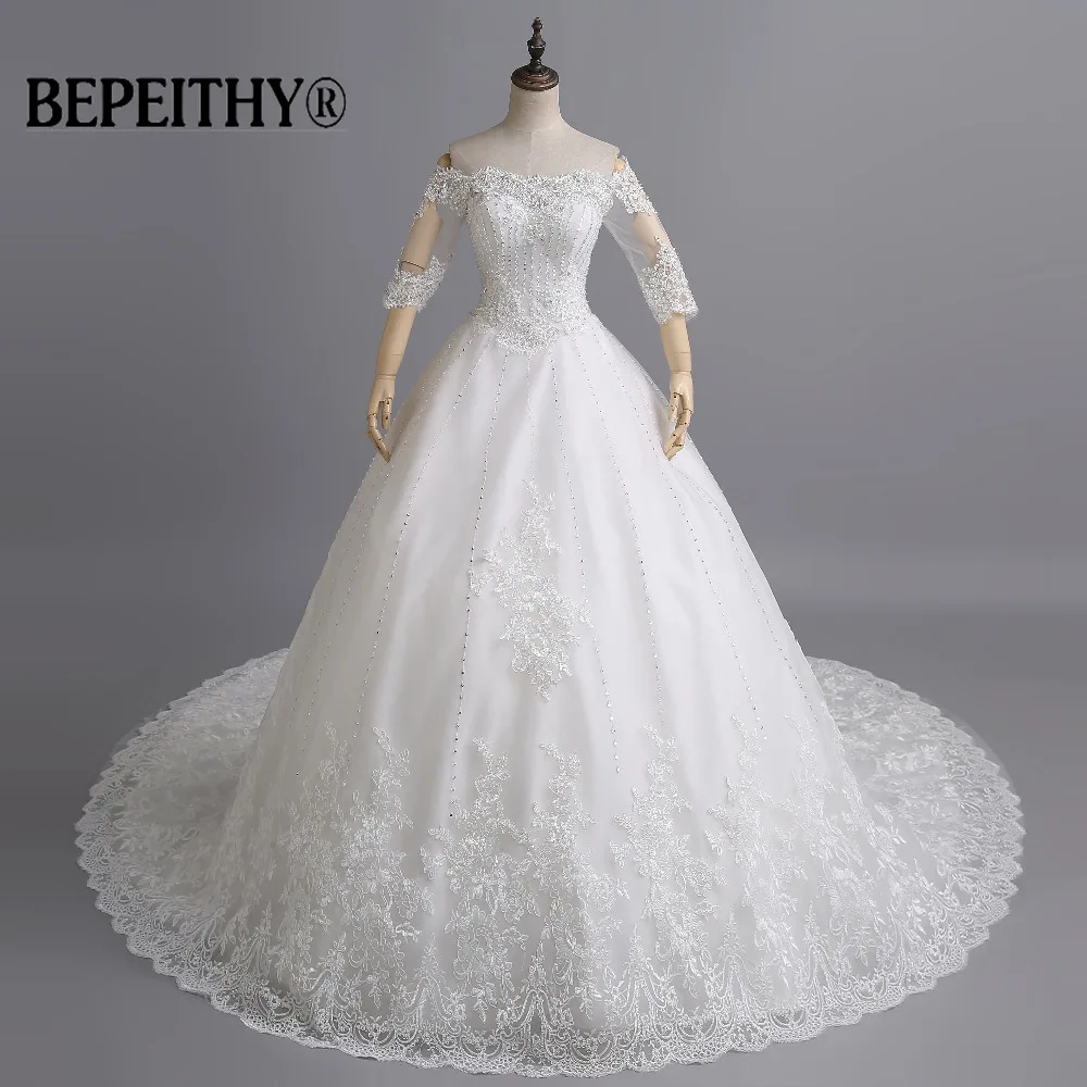 Real Image Half Sleeve A line Crystal Lace Bride Wedding Dresses 2015