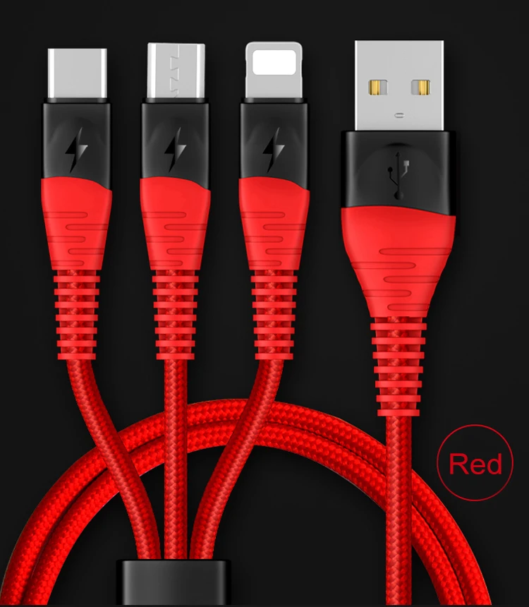 Двойной цвет черный+ красный 3 в 1 USB кабель для Iphone Micro usb type C 2.4A провод для iPhone X Xiaomi samsung S9 провод для быстрой зарядки