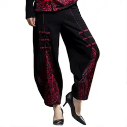 Черный ручной работы и пуговицы широкие брюки Для женщин Брюки для девочек китайский Стиль Вышивка цветочный Мотобрюки Новинка сращены