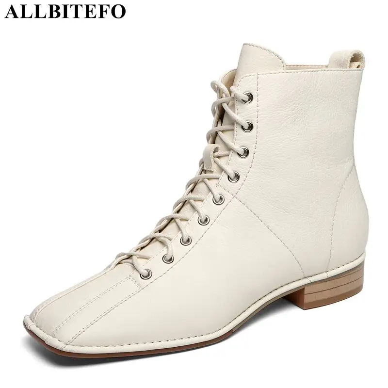 

ALLBITEFO square toe genuine leather thick heel boots winter ankle boots for women high quality martin boots girls shoes