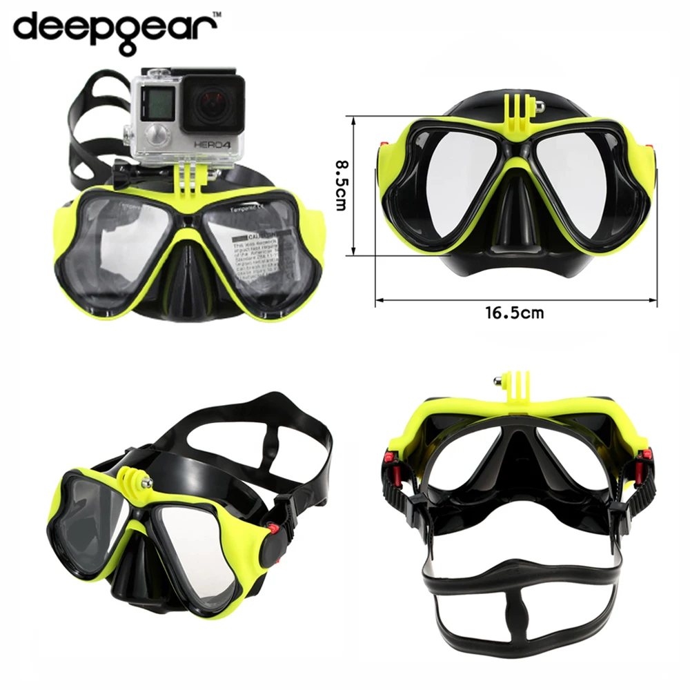 

DEEPGEAR Professional camera mount scuba mask for adult Black silicone Yellow snorkel mask Tempered glass lens Fit to All Gopro