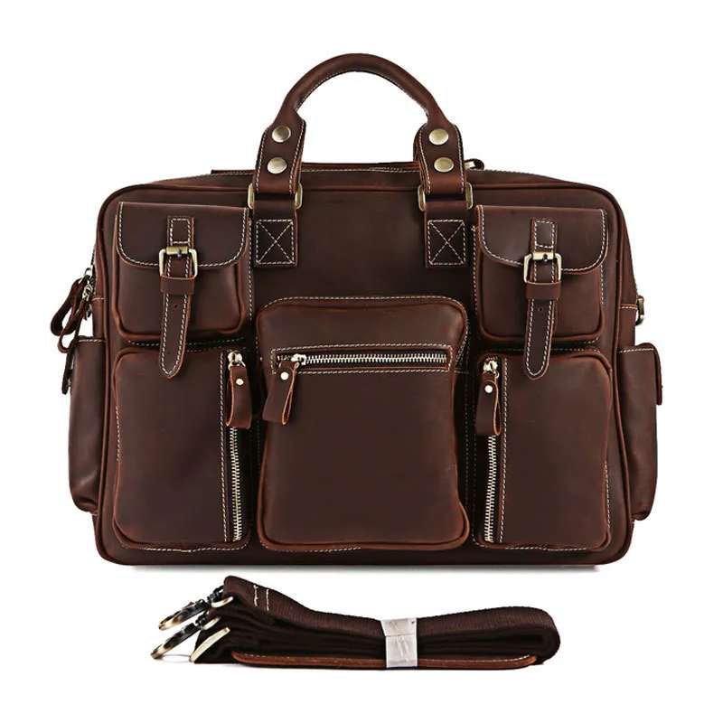 Деловой мужской портфель из натуральной кожи, мужская сумка 733-40, европейская ретро кожаная сумка Crazy Horse, мужская сумка с несколькими карманами - Цвет: Dark brown