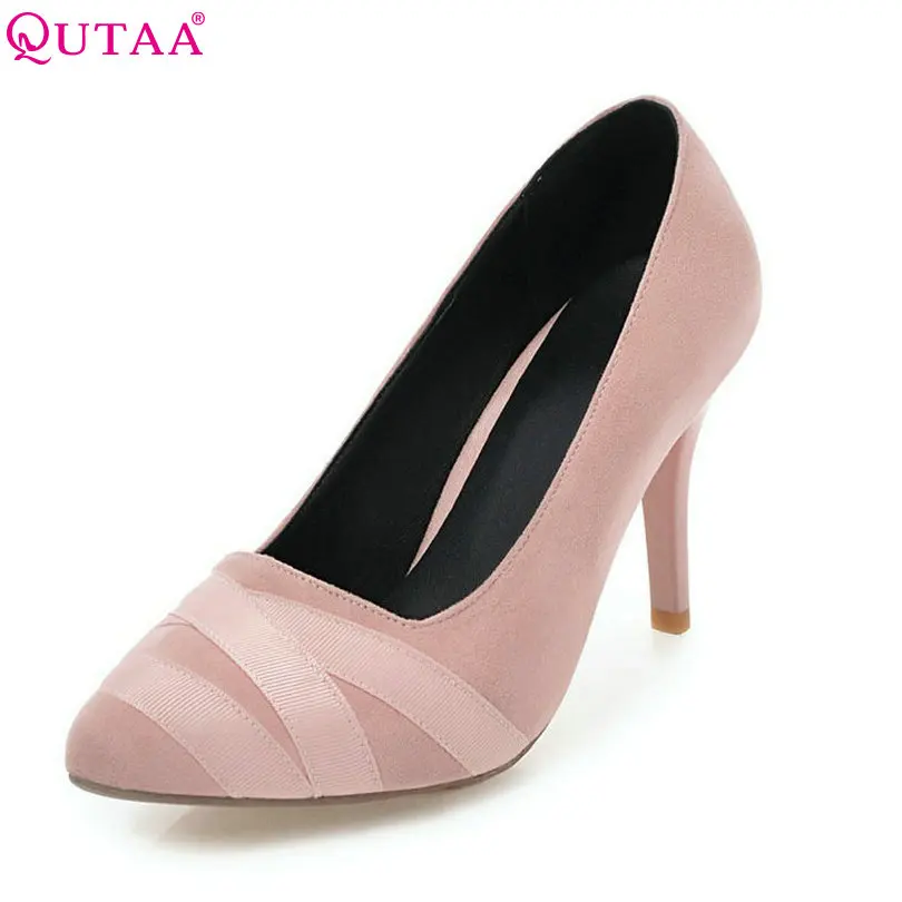 

QUTAA 2018 Women Pumps Thin High Heel Woman Shoes Riband Pointed Toe Elegant Sweet Style Scrub Ladies Wedding Shoes Size 34-43