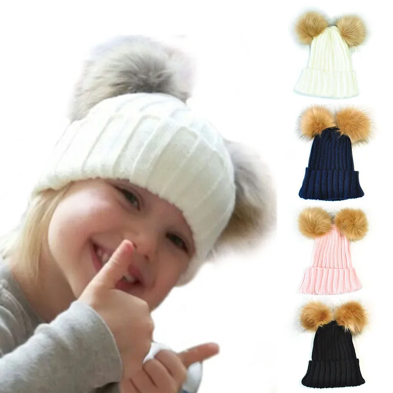 

Winter Hats Doublue Raccoon Fur Pompons Women Warm Beanies Knitted Thick Hats