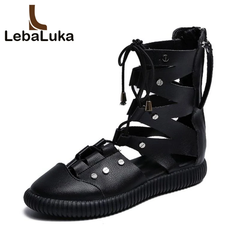 

LebaLuka Gladiator Sandals Women Casual Lace Up Fashion Zipper Rivets Summer Shoes Women Black White Punk Footwear Size 35-39