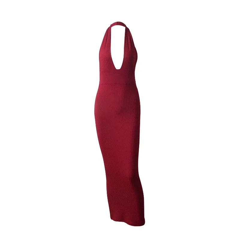 Сексуальные открытые с глубоким v-образным вырезом, Холтер, вечерние платья для ночного клуба, женские платья длиной до щиколотки, без рукавов, 5 цветов - Цвет: Red