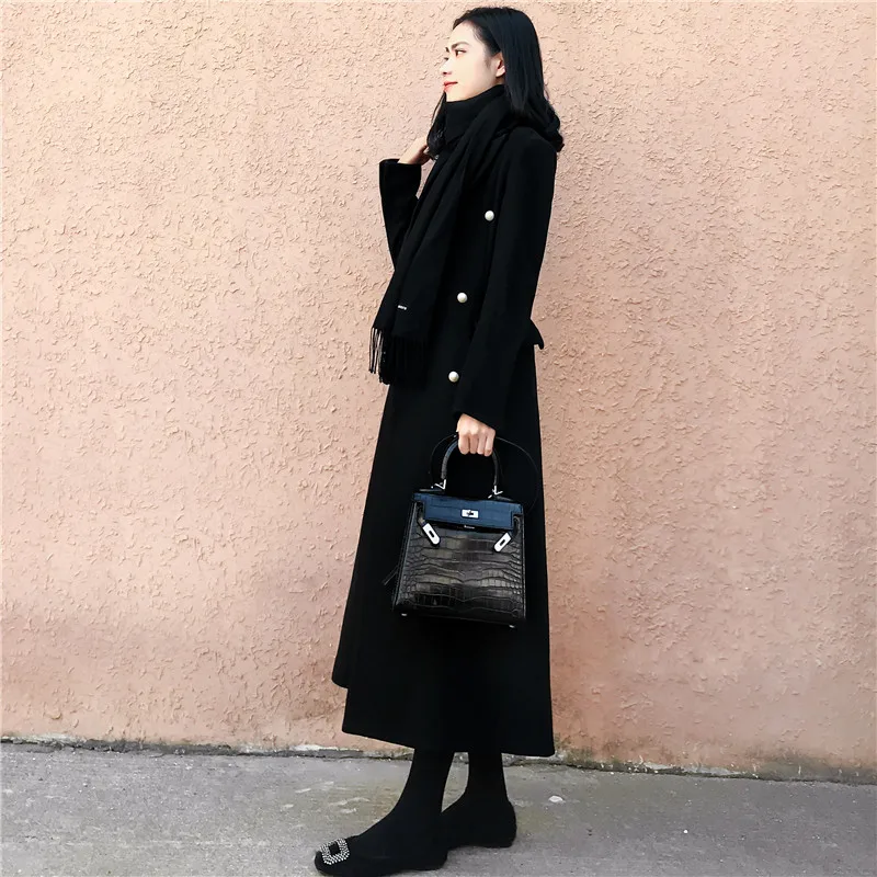 Зимнее шерстяное Женское пальто элегантное двубортное милитари стильное черное шерстяное пальто размера плюс 2XL