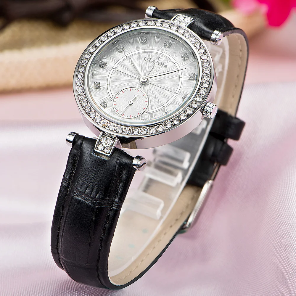 

QIANBA Women Luxury Top Leather Strap Casual Lady Gift Dress Quality Quartz Waterproof Rhinestone Relojes Popular Fashion Watch