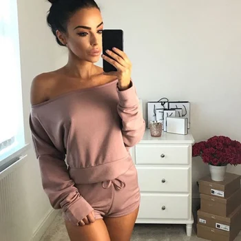 

New 2018 Spring Women Off Shoulder Long Sleeve Bodycon Party Short Romper Tracksuits Sets