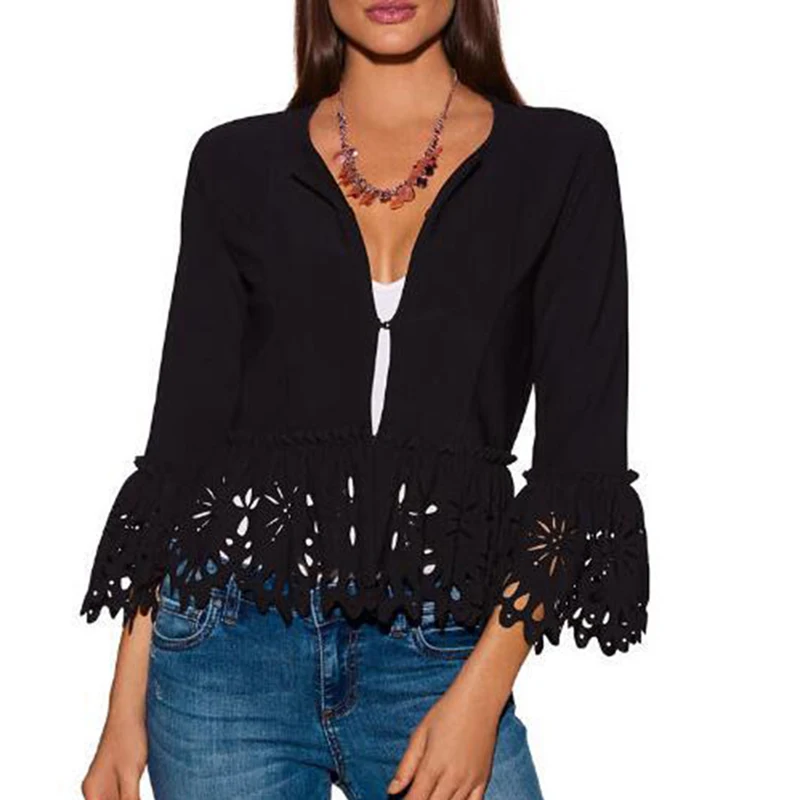 

Elegant Women Lady Coat Round Neck Outwear Lantern Sleeve Short Tops White/Black